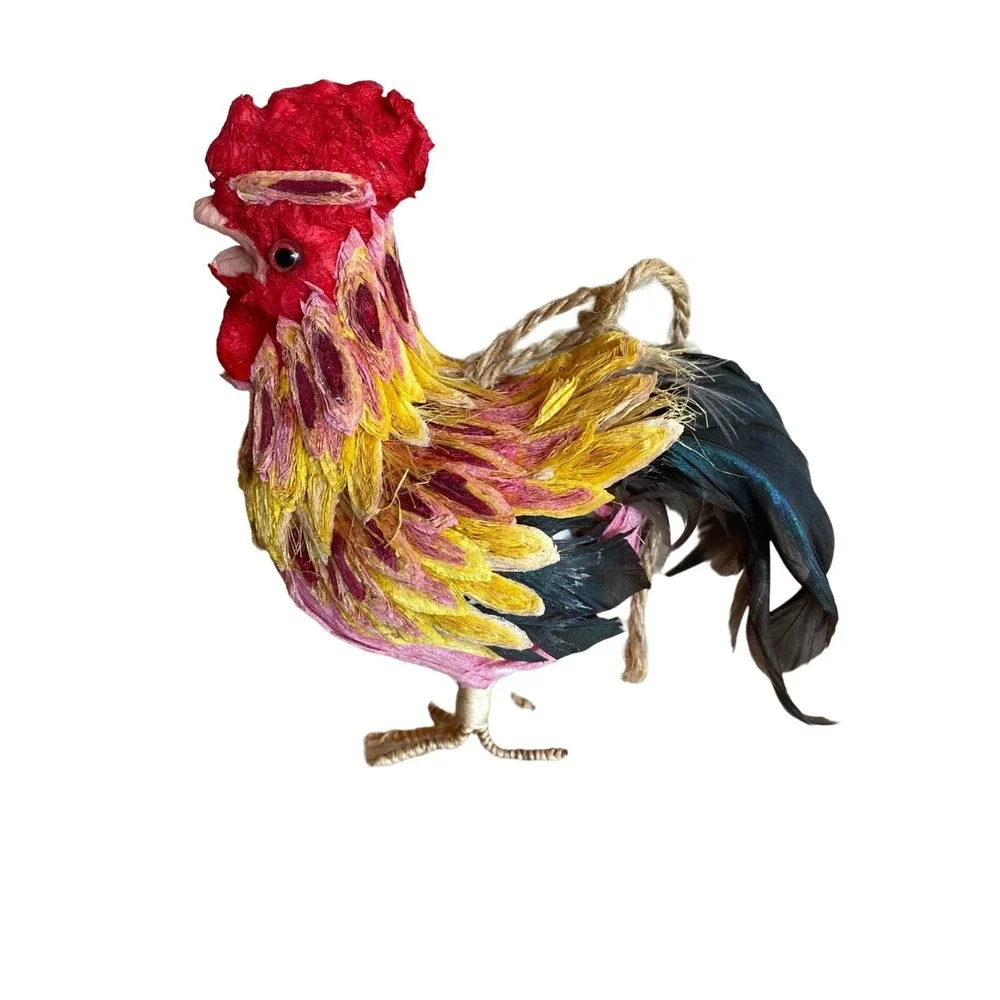 Silvestri Rooster Ornament Pink Yellow Handcrafted Paper Feather Folk Art Decor
